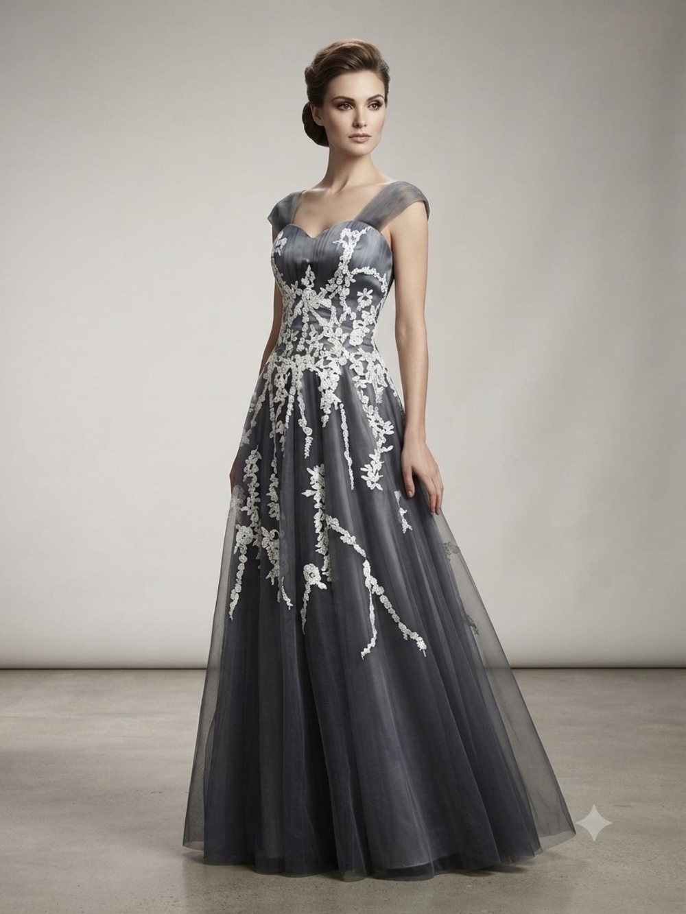 Gray Tulle Maxi Dress with White Lace Appliqué Size Small